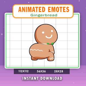 May include: Animated gingerbread man emote with a smiling face and holly leaves on its head. The emote is in a standing position with its arms crossed. The emote is available in three sizes: 112x112 pixels, 56x56 pixels, and 28x28 pixels.