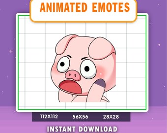 May include: Graphic for animated emotes, showing a surprised cartoon pig with a pink body, large eyes, and an open mouth. The image includes the text "ANIMATED EMOTES" and "INSTANT DOWNLOAD" with size options.