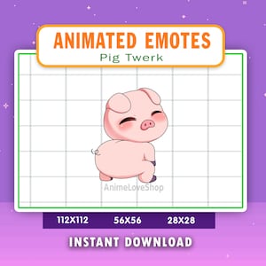 May include: Animated emote of a pink pig with blushing cheeks, twerking. The emote is available in three sizes: 112x112, 56x56, and 28x28 pixels.  Instant download.