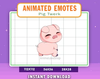 May include: Animated emote of a pink pig with blushing cheeks, twerking. The emote is available in three sizes: 112x112, 56x56, and 28x28 pixels. Instant download.