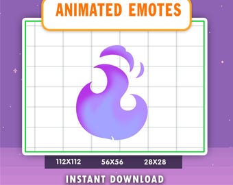 May include: Animated emote design featuring a stylized purple flame with a gradient effect. The image includes the text "ANIMATED EMOTES" and "INSTANT DOWNLOAD". The design is displayed on a grid background, with size options of 112x112, 56x56, and 28x28 pixels.