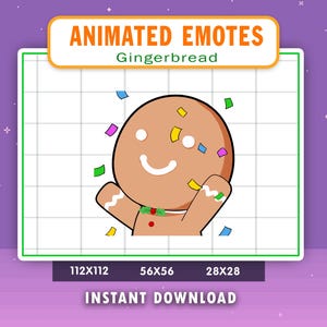 Peut inclure: Une émoticône animée de bonhomme en pain d'épices souriant, avec des confettis. L'image contient le texte "ANIMATED EMOTES Gingerbread" et "INSTANT DOWNLOAD". L'émoticône est disponible en trois tailles : 112x112, 56x56 et 28x28 pixels.