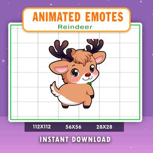 Peut inclure: Émoticône animé d'un renne de dessin animé avec une fourrure brune, de grands yeux et un petit nœud papillon vert. Le renne est debout sur ses quatre pattes et regarde vers la droite. L'image est sur un fond de grille blanche.
