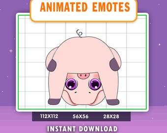 May include: A cartoon pig emote, upside down, with large purple eyes and a curly tail. The pig is pink with darker purple accents on its ears and feet. Text at the top reads "ANIMATED EMOTES" and "INSTANT DOWNLOAD" at the bottom.