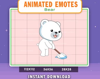 ANIMATED Polar Bear Clean Emote For Twitch, Discord, Youtube, Animated Clean The Floor Polar Bear Emote, Polar Bear Mopping Emote