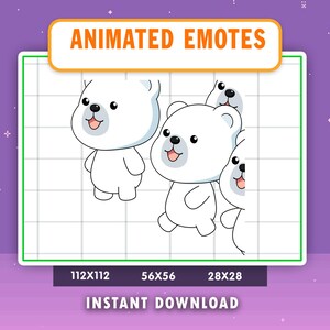 May include: Animated emotes featuring cartoon polar bears with black eyes and pink tongues. The image includes the text "Animated Emotes" and "Instant Download" with size options of 112x112, 56x56, and 28x28.