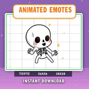 May include: A cartoon skeleton character with a large head, black eyes, and rosy cheeks. The skeleton is white with black outlines and is surrounded by yellow star sparkles. The image includes the text "ANIMATED EMOTES" and "INSTANT DOWNLOAD".