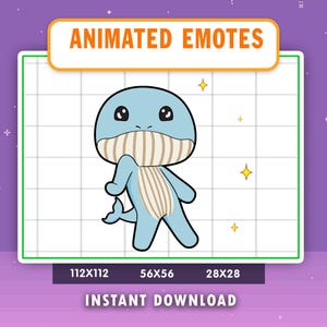 May include: A cartoon illustration of a blue whale with a beige striped belly and a smiling expression. The image includes the text "ANIMATED EMOTES" and "INSTANT DOWNLOAD". The whale is set against a grid background with star accents.