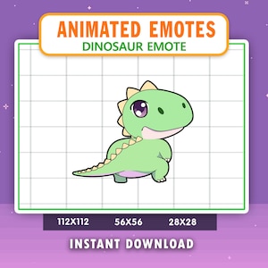 Peut inclure: Une émoticône de dinosaure de dessin animé dans des tons de vert, avec un œil violet et une épine dorsale jaune. L'image comprend le texte "ANIMATED EMOTES DINOSAUR EMOTE" et "INSTANT DOWNLOAD". L'image montre également l'émoticône en trois tailles différentes : 112x112, 56x56 et 28x28.