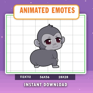 May include: Animated emote of a gray gorilla with large eyes and a friendly expression. The gorilla is in a squatting position. The image includes the text "ANIMATED EMOTES" and "INSTANT DOWNLOAD".