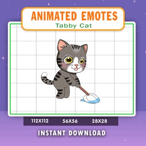 May include: Animated emote of a tabby cat holding a mop, with a light blue background. The cat is gray and white with black stripes. The emote is available in three sizes: 112x112, 56x56, and 28x28. Instant download.