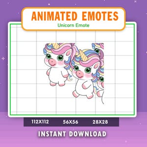 Può includere: Emoticon animata di unicorno in diverse dimensioni, tra cui 112x112, 56x56 e 28x28 pixel. L'unicorno è bianco con una criniera e una coda rosa e blu. Ha un corno rosa e occhi verdi. L'emoticon è perfetta per aggiungere un tocco di fantasia alle tue conversazioni online.