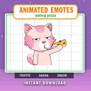 Emote animado de gato rosa comiendo pizza para Twitch, Discord, YouTube, emote de gato, juegos, emote de transmisión en vivo, comida, hambre, masticar, emote de pizza