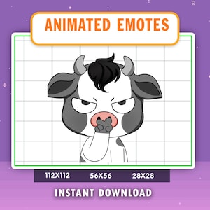 May include: An animated emote of a cow with a black and white design, with a grumpy expression, covering its mouth with its hand. The image includes the text "ANIMATED EMOTES" and "INSTANT DOWNLOAD", with size options of 112x112, 56x56, and 28x28.