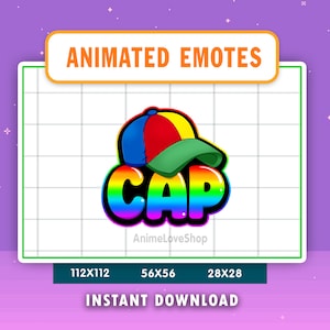 Puede incluir: Emoticón animado de una gorra de béisbol colorida con la palabra "CAP" en colores arcoíris. La imagen incluye el texto "ANIMATED EMOTES" e "INSTANT DOWNLOAD". La imagen está sobre un fondo de cuadrícula.