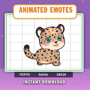 May include: Animated emote of a cartoon leopard cub with a light brown coat and dark brown spots. The cub has large, teal eyes and a pink nose. The text "ANIMATED EMOTES" is at the top, and "INSTANT DOWNLOAD" is at the bottom.