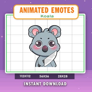 Può includere: Emoticon animato di un koala grigio con guance rosa che tiene un coltello argentato. Il koala ha grandi occhi neri e un'espressione sorpresa. L'emoticon è su uno sfondo a griglia bianca con il testo "Animated Emotes Koala" sopra e "Instant Download" sotto.