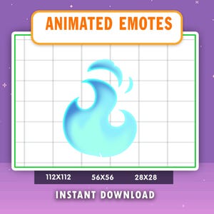 Puede incluir: Gráfico de emote animado con una llama azul estilizada. La imagen incluye el texto "ANIMATED EMOTES" e "INSTANT DOWNLOAD". El gráfico se muestra sobre un fondo de cuadrícula, con opciones de tamaño de 112x112, 56x56 y 28x28 píxeles.