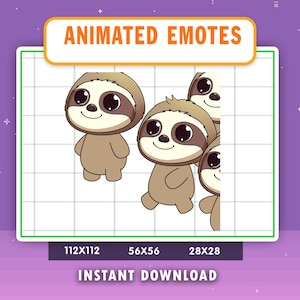 May include: Animated emotes featuring cartoon sloths with large eyes and smiling faces. The sloths are in various poses, with the text "ANIMATED EMOTES" at the top and "INSTANT DOWNLOAD" at the bottom. The image includes size dimensions.
