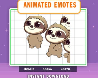 May include: Animated emotes featuring cartoon sloths with large eyes and smiling faces. The sloths are in various poses, with the text "ANIMATED EMOTES" at the top and "INSTANT DOWNLOAD" at the bottom. The image includes size dimensions.