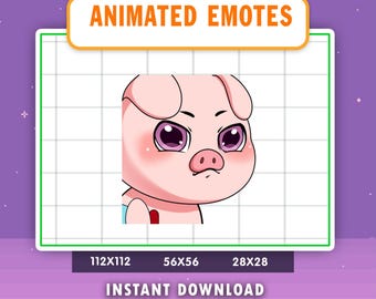 May include: Animated emote of a pink pig with a stern expression and purple eyes. The pig is wearing a blue and red outfit. The image includes the text "ANIMATED EMOTES" and "INSTANT DOWNLOAD" with size options 112x112, 56x56, and 28x28.