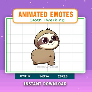 Puede incluir: Emoticono animado de un perezoso de dibujos animados haciendo twerking. El perezoso es marrón con una cara marrón claro y ojos grandes y oscuros. El texto "ANIMATED EMOTES" y "Sloth Twerking" se muestran encima del perezoso. El texto "INSTANT DOWNLOAD" está debajo.