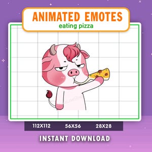 Emote animado de vaca rosa comiendo pizza para Twitch, Discord, YouTube, Emote de vaca, juegos, Emote de transmisión en vivo, comida, hambre, masticar, Emote de pizza