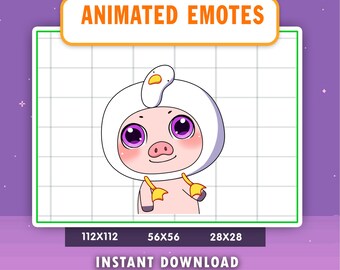 May include: A cartoon pig character wearing a white duck hat with a yellow beak, designed as an animated emote. The pig has large purple eyes and rosy cheeks. The image includes the text "ANIMATED EMOTES" and "INSTANT DOWNLOAD".