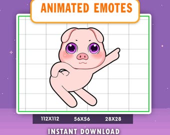 May include: Digital illustration of a pink pig emote with purple eyes and a raised arm. The image includes the text "ANIMATED EMOTES" and "INSTANT DOWNLOAD". The pig is set against a grid background, suitable for online use.