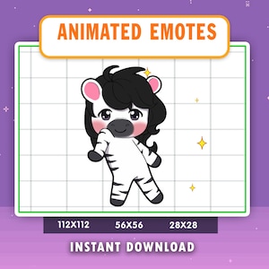 May include: Animated emote of a zebra with black and white stripes, black hair, and pink ears. The image includes the text "ANIMATED EMOTES" and "INSTANT DOWNLOAD" with size options 112x112, 56x56, and 28x28.