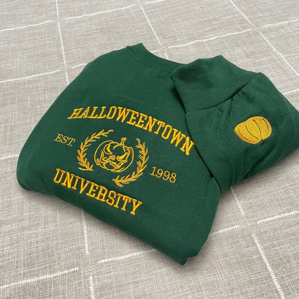 Halloweentown Universiteit geborduurd| Y2K-stijl geborduurde ronde hals | Sweatshirt| Halloween| Geborduurde Halloween-stad - Pompoenshirt