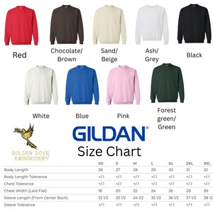 May include: A range of Gildan crewneck sweatshirts in colours such as red, brown, beige, grey, black, white, blue, pink, and green. The image also includes a size chart with measurements for sizes XS to 3XL.