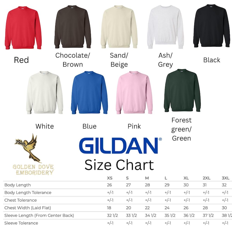 May include: A range of Gildan crewneck sweatshirts in colours such as red, brown, beige, grey, black, white, blue, pink, and green. The image also includes a size chart with measurements for sizes XS to 3XL.