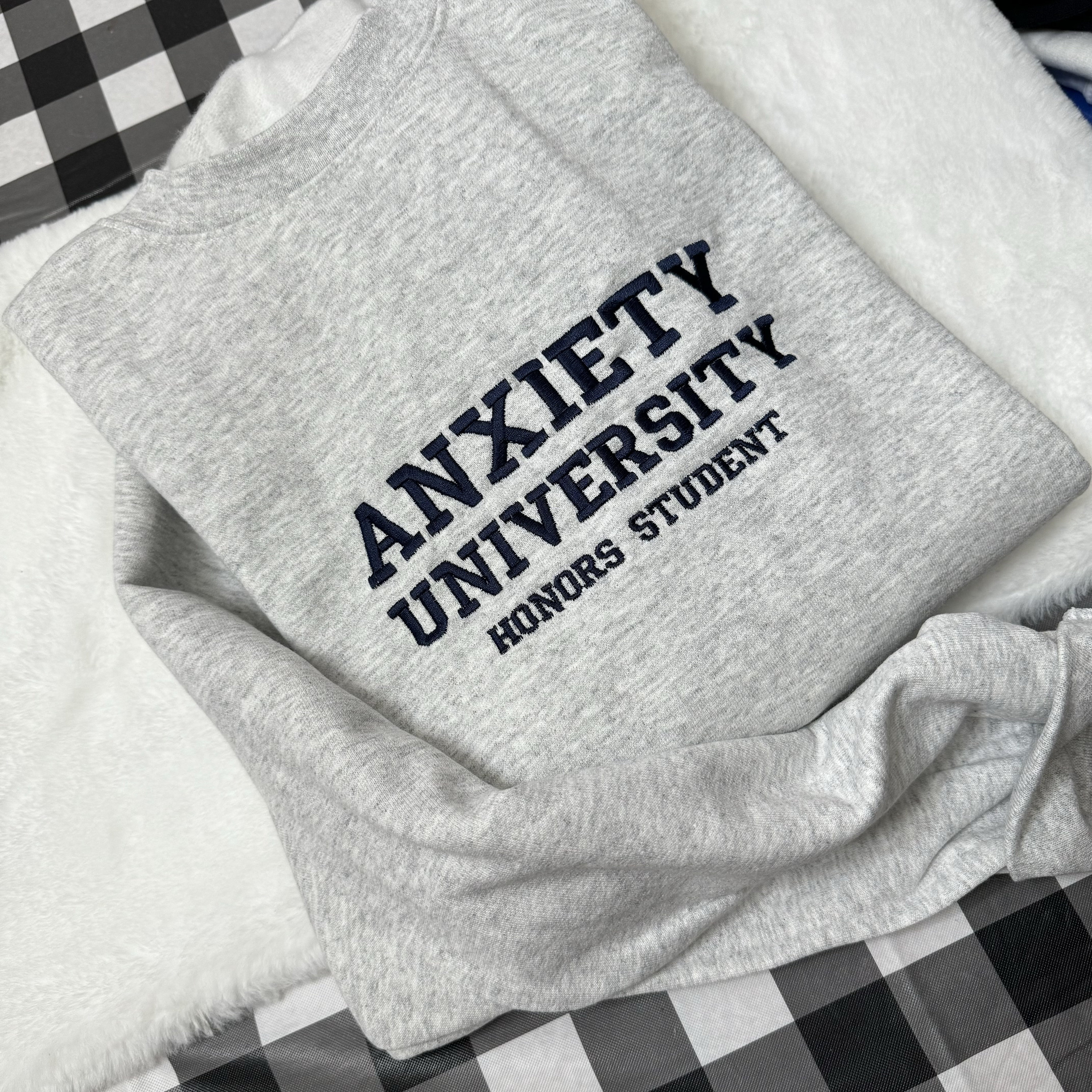 Anxiety University Embroidered Sweatshirt: Y2K Style Mental Health Apparel