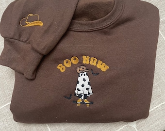 Boo Haw Embroidered Sweatshirt - October- Halloween - Funny Ghost- Holiday - Gift - Spooky Season -Cowboy - western Clothing - Fall Clothing