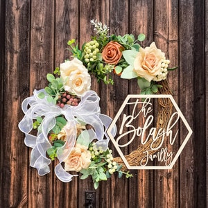 Last Name Initial wreath, year round greenery wreath for Front door, Pantry wreath, Cabinet Door Wreath, Custom Family Name wreath