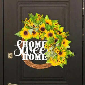 Hogar, dulce hogar, corona de girasol, corona personalizada, letrero frontal, letrero de nombre de madera personalizado, percha de puerta personalizada, corona de bienvenida