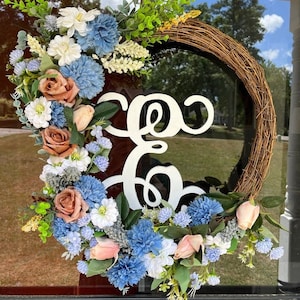 Azure and Pink flower Spring Wreath, Spring&Summer Wreath with Eucalyptus, Peony Wreath, Hydrangea Wreath, Summer Peony Wreath, Wild Flower