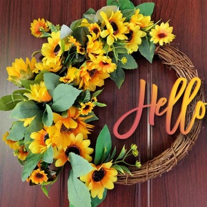 Hello Custom Sunflower wreath, Yellow sunflower wreath, Farmhouse sunflower door wreath