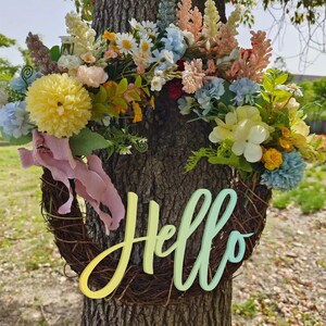 Hello Farmhouse wreath, year round greenery wreath for Front door, Pantry wreath, Cabinet Door Wreath, Mother’s Day, window decor