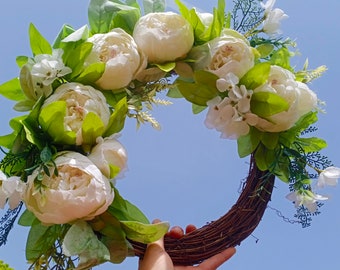 Spring&Summer Peony Wreath, White Peony Wreath, White and Green Wreath, Peony Wreath, Hydrangea Wreath, Wreath for Spring, All Season Wreath