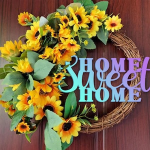 Home Sweet Home Sunflower wreath, Yellow sunflower wreath, Farmhouse sunflower door wreath, Spring sunflower wreath, Wreath for front door