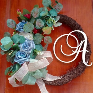 Custom Wood Letters Sign wreath -  Personalized Door Sign - Year round greenery wreath for Front door - Housewarming Gift wreath