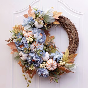 Farmhouse pumpkin wreath, Fall wreaths for front door, maple leaf wreath, Front door wreath, wildflower wreath,Diameter 20&quot;