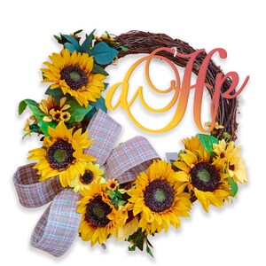 Sonnenblumenkranz, Anfangsname, Haustürkranz, personalisierter Türhänger, ganzjähriger Kranz, Haustürhänger, Türkranz