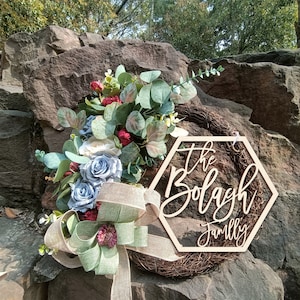 Family Name Sign - Farmhouse Name Sign - Personalized Door Sign - Year round greenery wreath for Front door - Housewarming Gift wreath