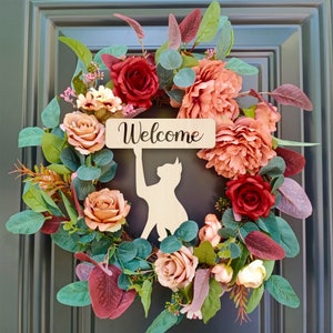 Cat Welcome Wreath, Custom Text Wreath, Custom Wreath, Eucalyptus Wreath, Summer Wreath, Gift For Mom, Rose and Blush, Door Decor