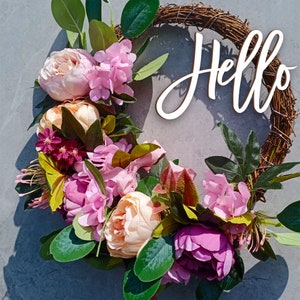 Hello Wreath, Spring and Summer peony wreath, Front door wreath, Housewarming gift, Farmhouse wreath, Peony home decor, Custom Wreath