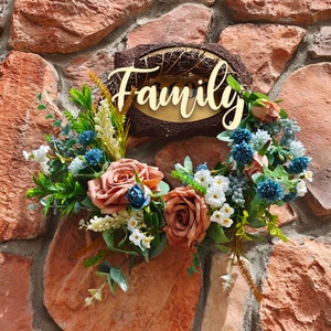 Custom Family Name, Azure and Pink flower Spring Wreath, Wreath with Eucalyptus, Peony Wreath, Hydrangea Wreath, Summer Peony Wreath, Flower