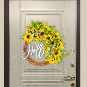 Hello Sunflower Wreath Front Door Decor, Front Door Wreath, Hello Wreath, Front Door Hanger, Year Round Wreath, Custom Monogram